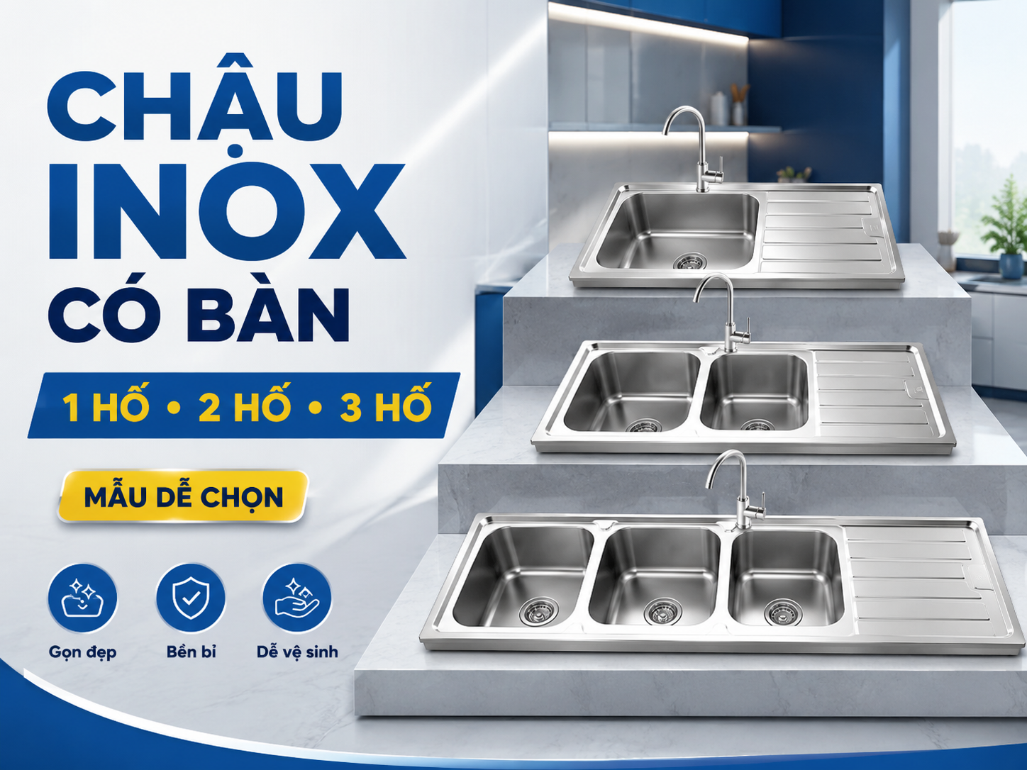 các mẫu chậu inox có bàn 1 hố 2 hố 3 hố