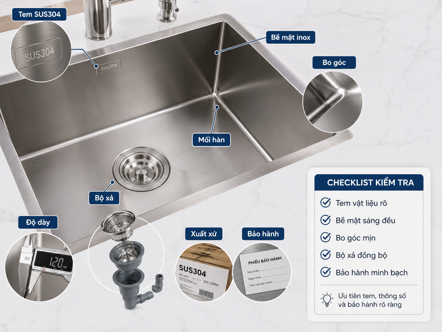 cách nhận biết chậu rửa inox 304 chính hãng