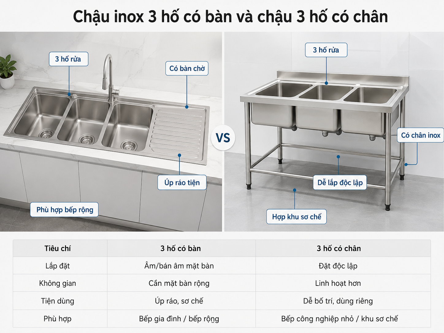 Chậu inox 3 hố có bàn và chậu 3 hố có chân