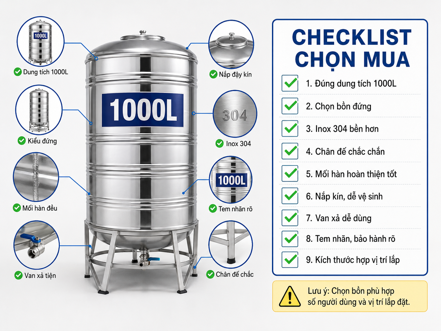 Checklist chọn mua bồn inox 1000L đứng