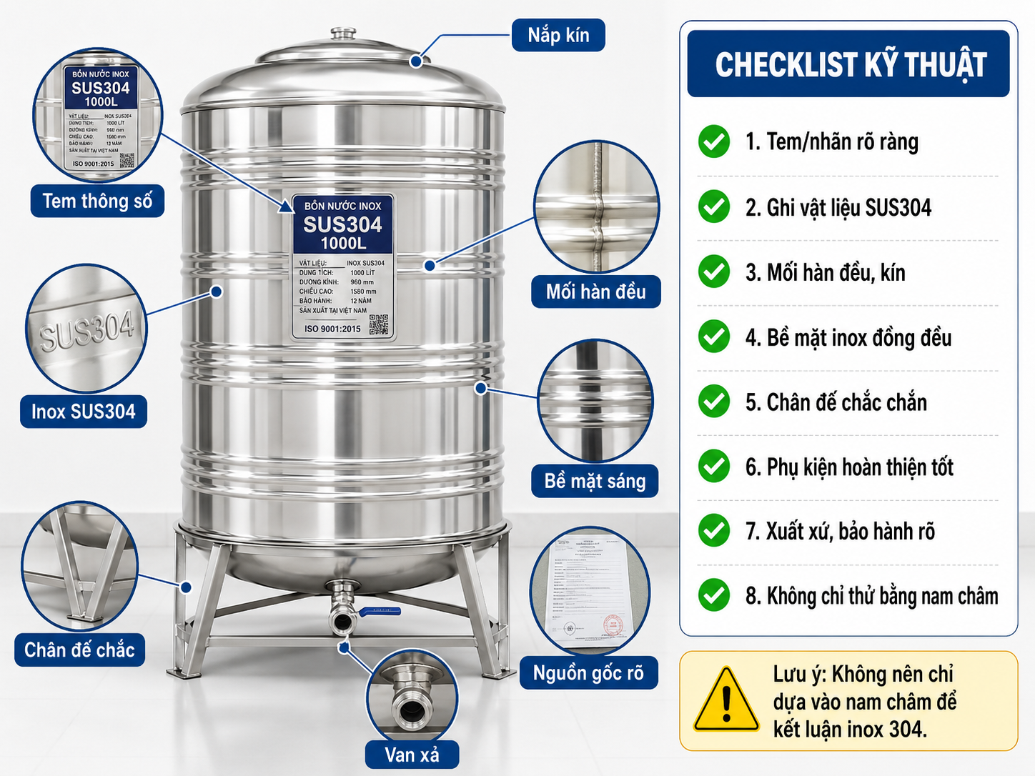 Checklist kỹ thuật nhận biết bồn nước inox 304 chính hãng