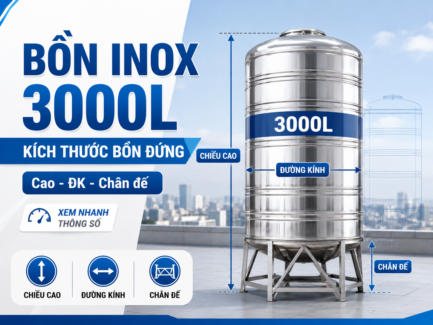 kích thước bồn nước inox 3000L đứng theo chiều cao đường kính và chân đế