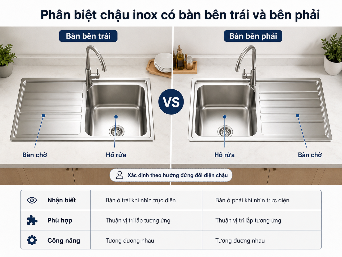 phân biệt chậu inox có bàn bên trái và bên phải