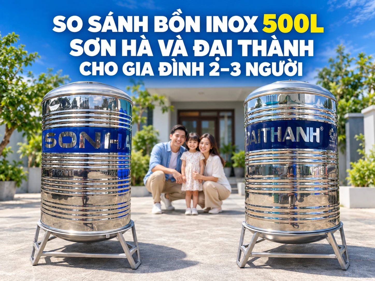 Bồn inox 500L Sơn Hà và Đại Thành cho gia đình nhỏ So sánh bồn inox 500L Sơn Hà và Đại Thành cho gia đình 2–3 người