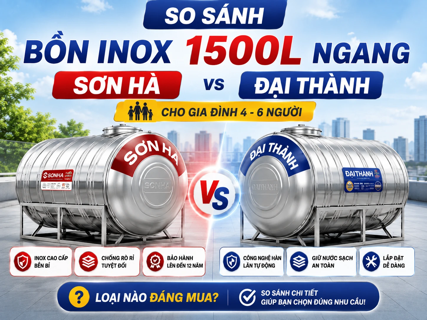 So sánh bồn inox Sơn Hà và Đại Thành 1500L ngang