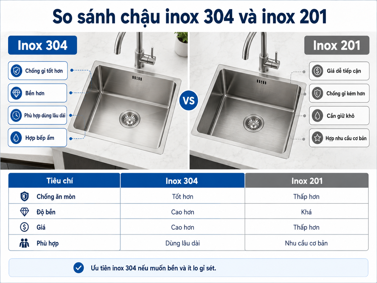 so sánh chậu inox 304 và inox 201