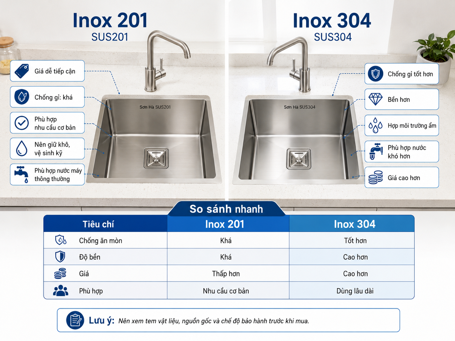 So sánh Chậu Inox Sơn Hà SUS201 và SUS304