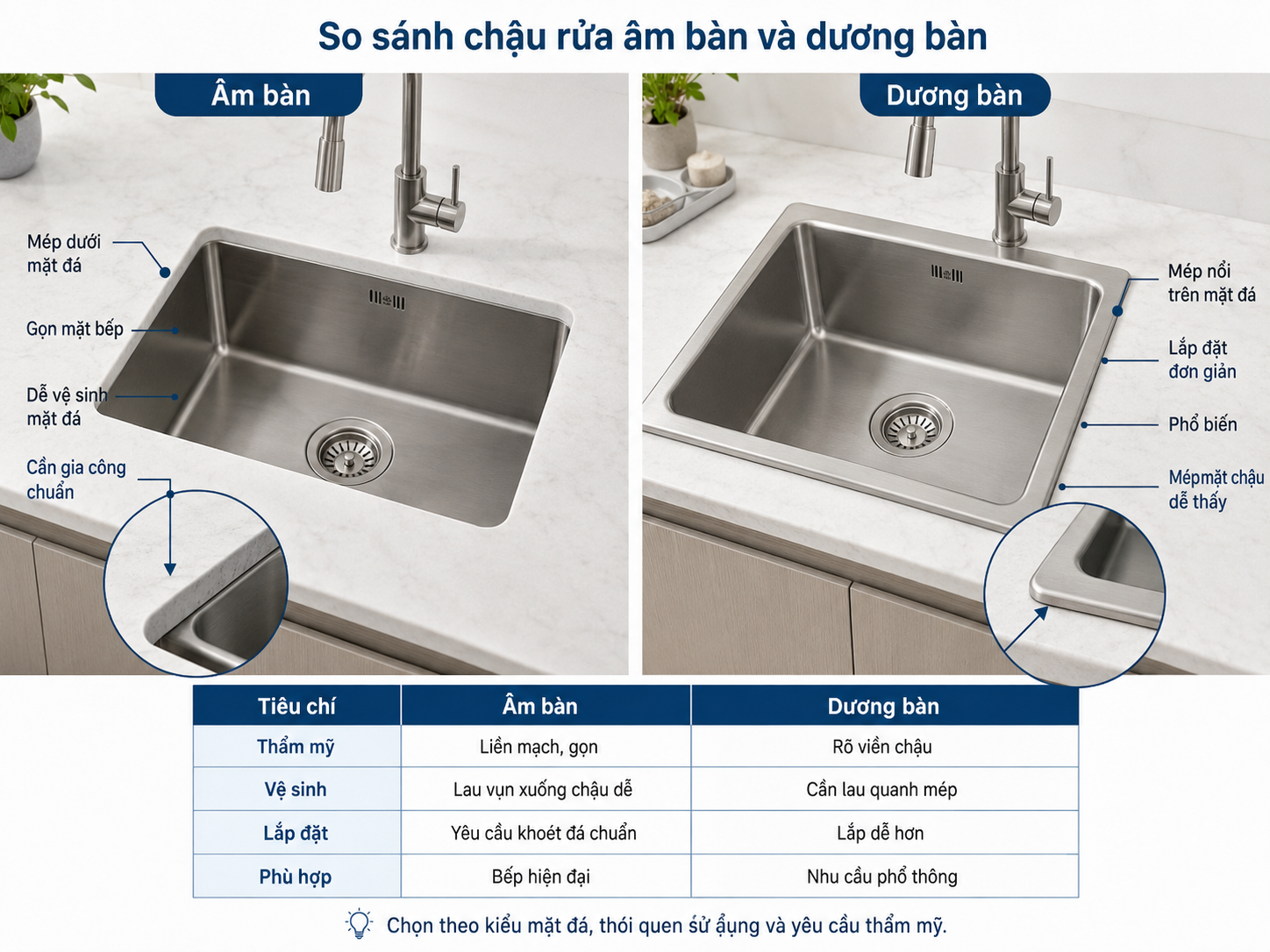 so sánh chậu rửa âm bàn và dương bàn