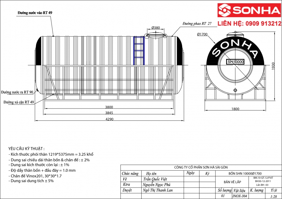 Kích thước bồn nước inox Sơn Hà 10000 lít