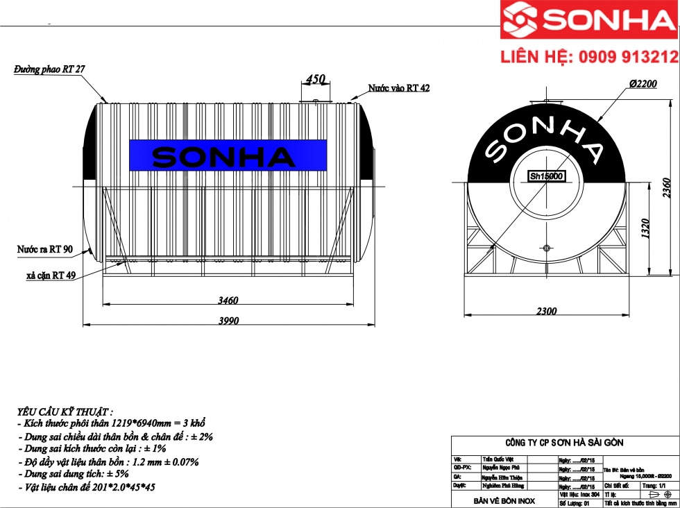 Kích thước bồn nước inox 15000 lít