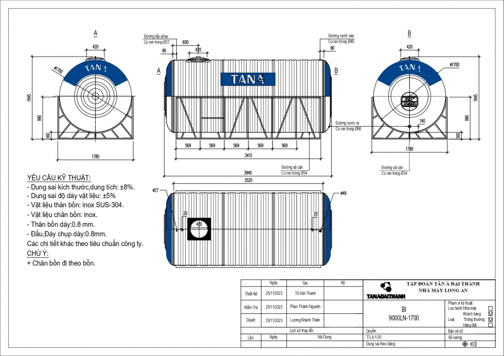 Bảng vẽ bồn nước inox Tân Á 9000L ngang