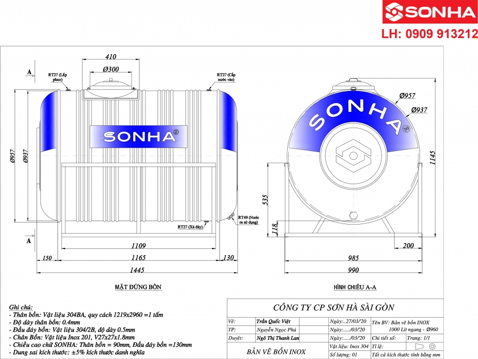 Bản vẽ bồn nước inox 1000 lít nằm