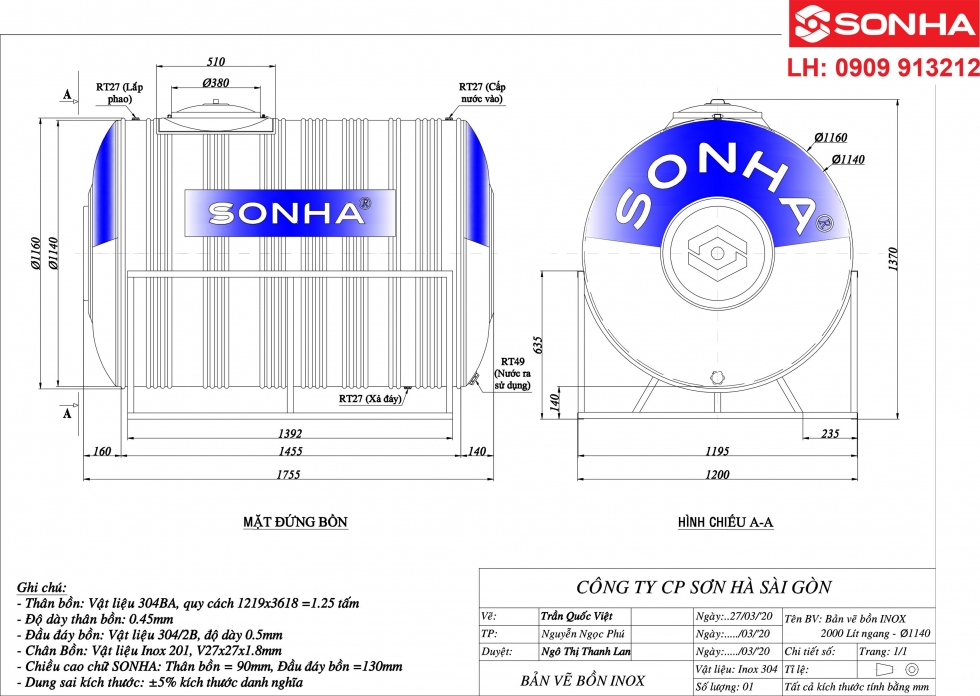 Bảng vẽ kỹ thuật bồn nước inox 2000 lít nằm