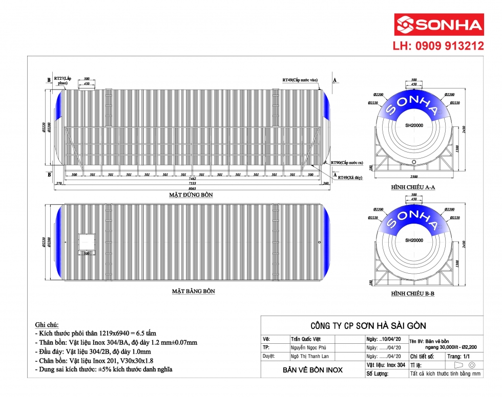 Kích thước bồn nước inox Sơn Hà 30000L