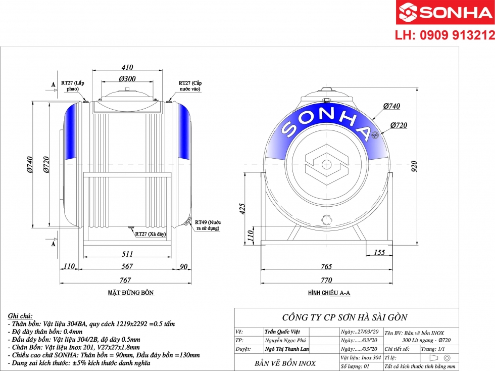 Bảng vẽ bồn nước inox 300 lít nằm