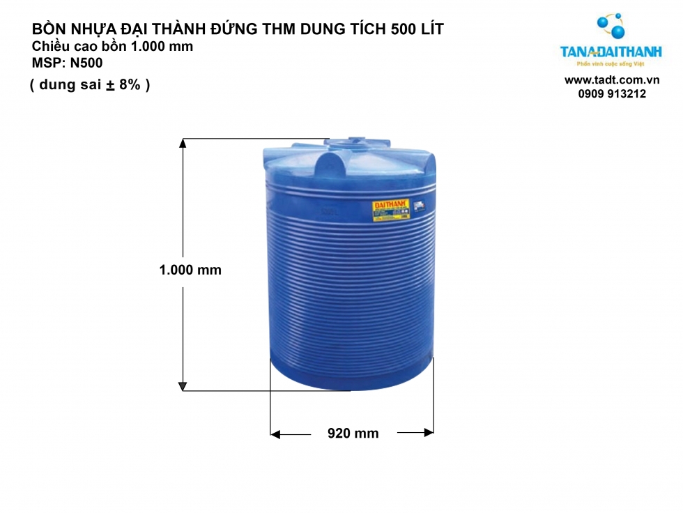 Kích thước bồn nước nhựa 500 lít đứng