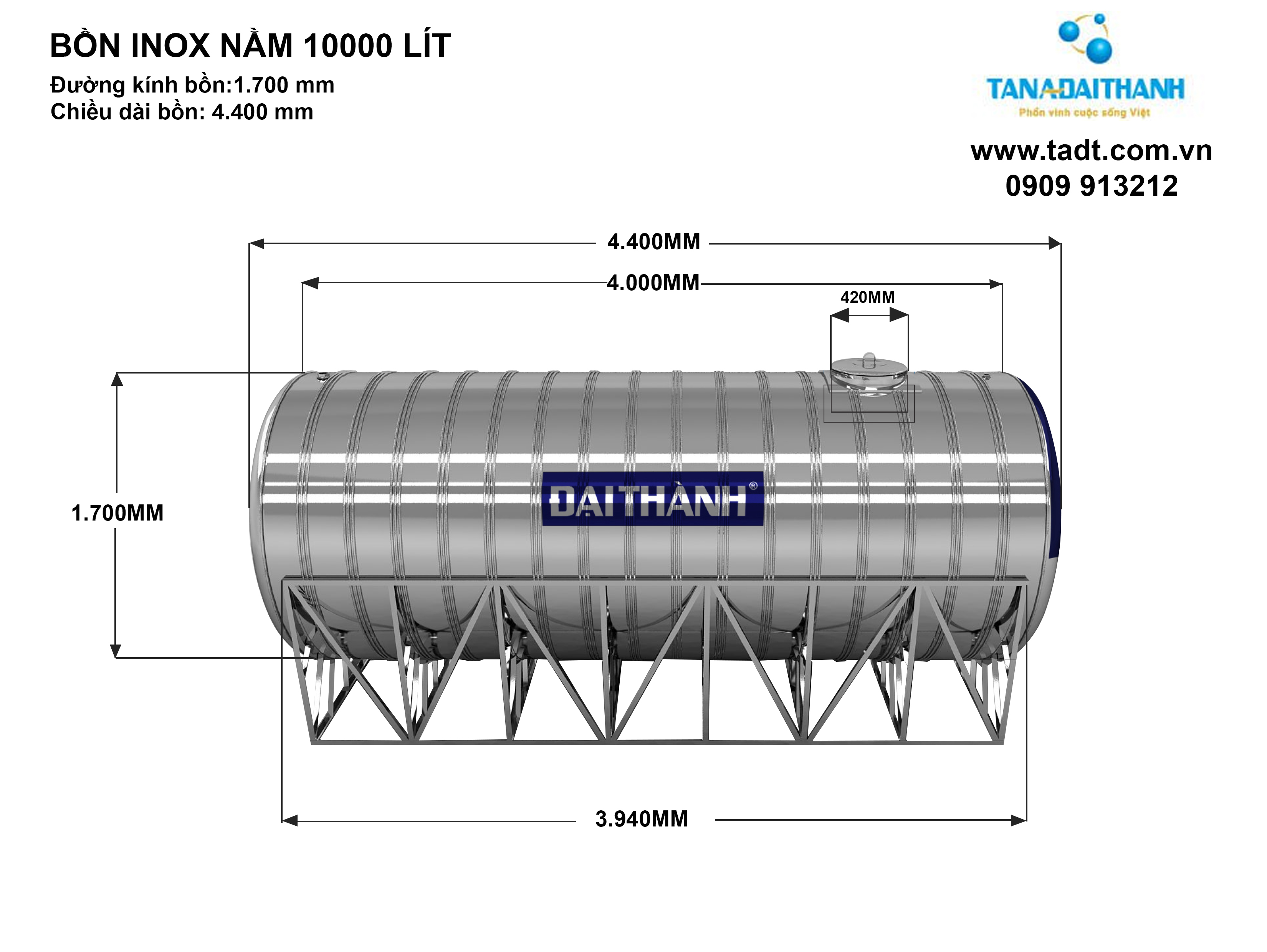 Kích thước bồn nước inox Đại Thành 10000 lít     