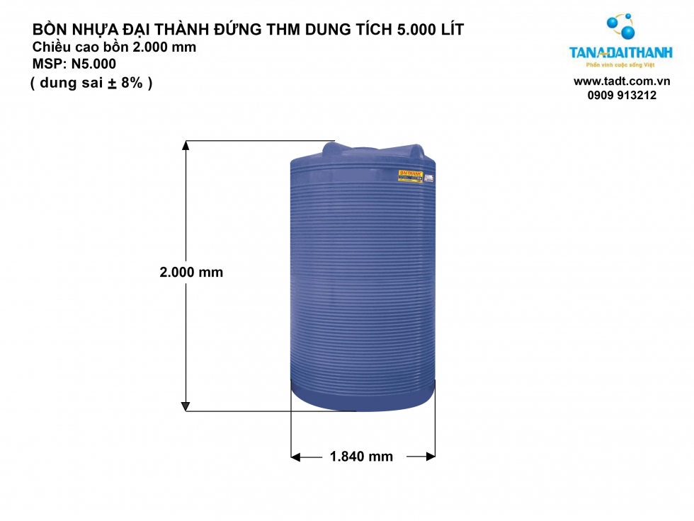 Kích thước bồn nước nhựa 5000L đứng