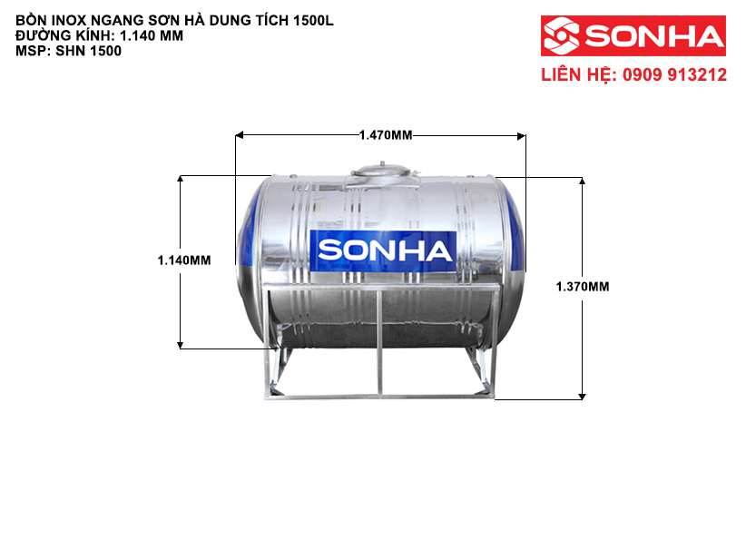 Kích thước bồn nước inox 1500 lít nằm