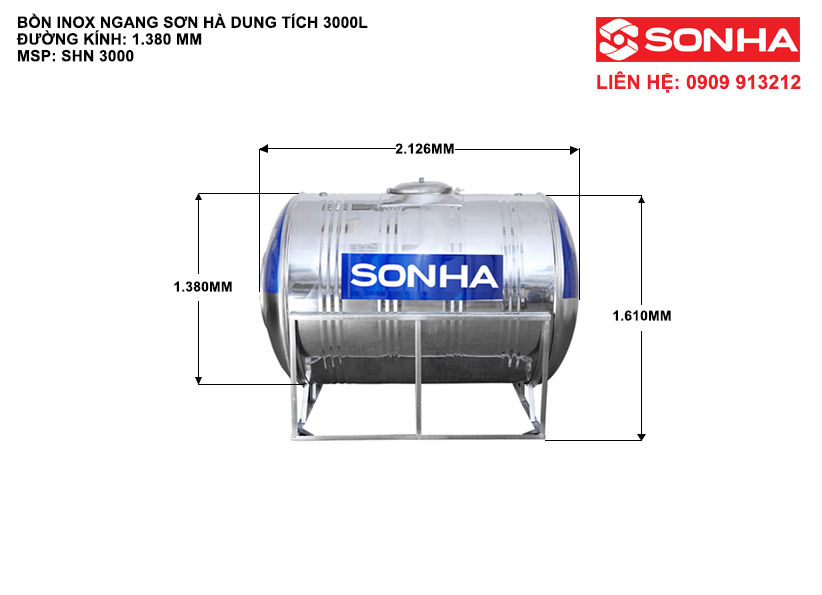 Bồn Nước Inox Sơn Hà 3000L Ngang SH3000N