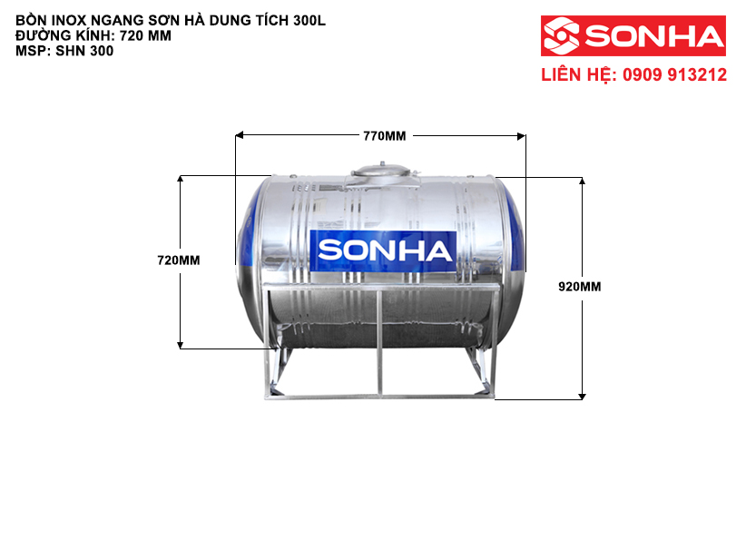Kích thước bồn nước nhựa 300 lít nằm