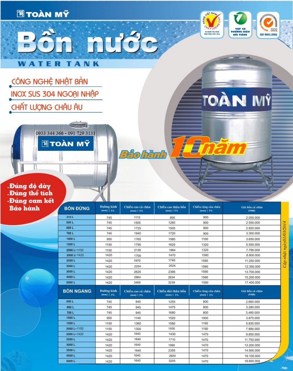 Bảng giá các loại bồn nước inox toàn mỹ được công bố